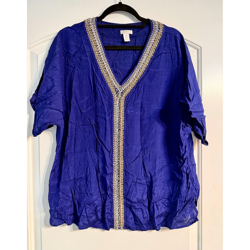 Chico's Beaded Tunic Women 3 Royal Blue Boho V-Neck Rayon Top Chic Resortwear
